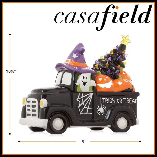 Alt view image 5 of 6 - Casafield Ceramic Halloween Trick or Treat Truck, Hand Painted Pre-Lit LED Jack-o-Lantern Black Truck Tabletop Decor