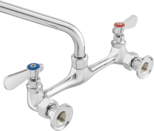 Alt view image 4 of 6 - GRIDMANN Commercial Sink Faucet, 8" Center Wall Mount No Lead Faucet, 8" Swivel Spout, Dual Lever Handles, Brass Construction, Chrome Polished Finish