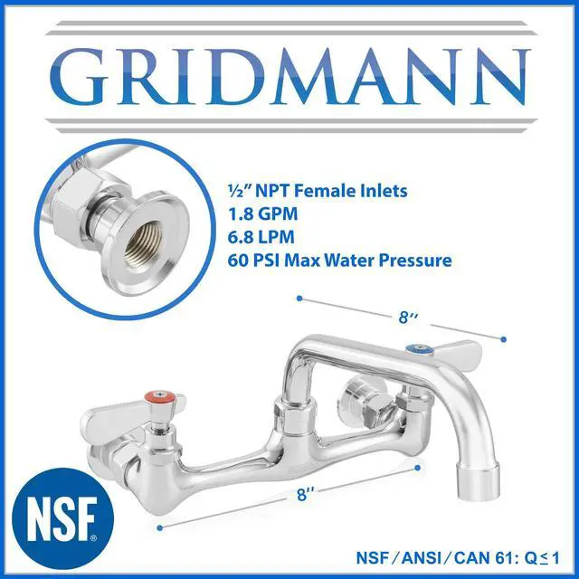 Alt view image 5 of 6 - GRIDMANN Commercial Sink Faucet, 8" Center Wall Mount No Lead Faucet, 8" Swivel Spout, Dual Lever Handles, Brass Construction, Chrome Polished Finish