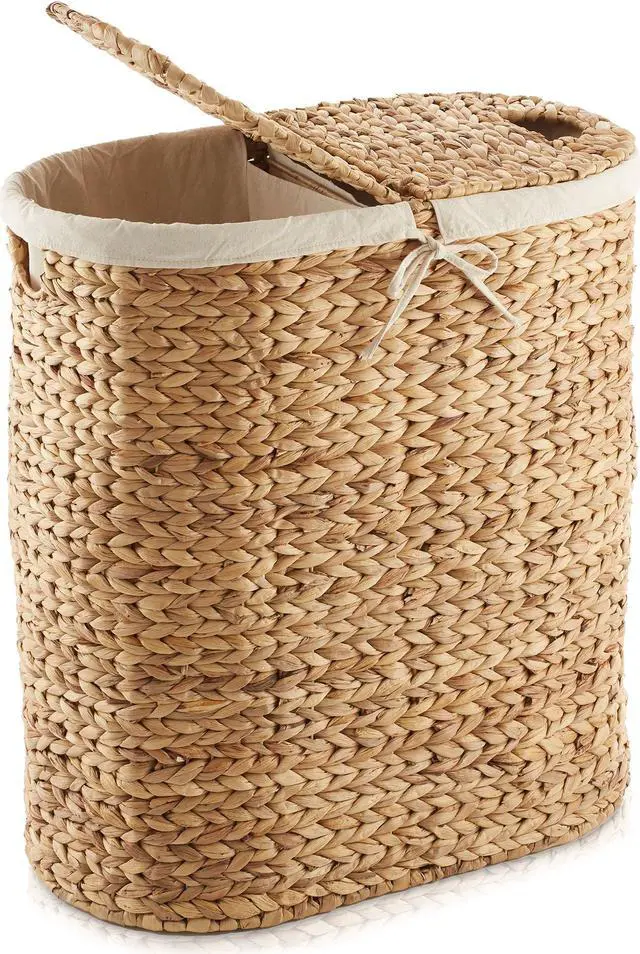 Main image of Casafield Oval Laundry Hamper with Lids and Removable Liner Bags - Natural, Woven Water Hyacinth 2-Section Laundry Basket Sorter for Clothes and Towels