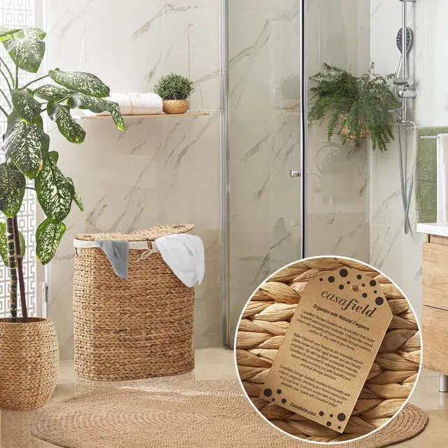 Alt view image 2 of 6 - Casafield Oval Laundry Hamper with Lids and Removable Liner Bags - Natural, Woven Water Hyacinth 2-Section Laundry Basket Sorter for Clothes and Towels
