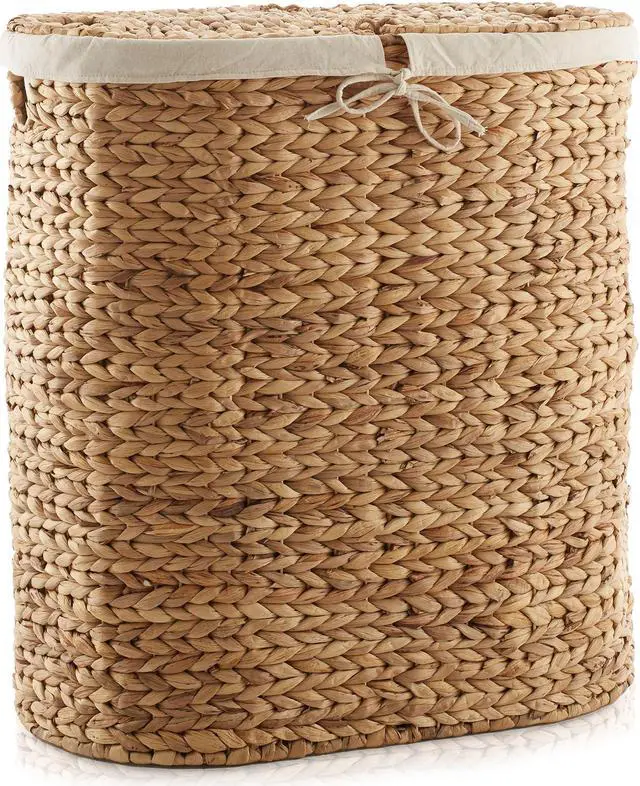 Alt view image 4 of 6 - Casafield Oval Laundry Hamper with Lids and Removable Liner Bags - Natural, Woven Water Hyacinth 2-Section Laundry Basket Sorter for Clothes and Towels