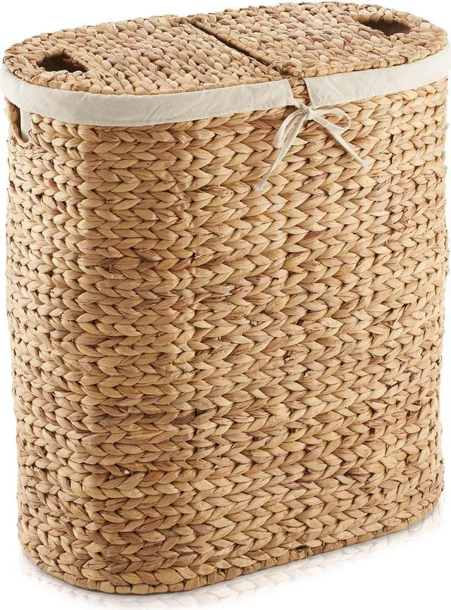 Alt view image 3 of 6 - Casafield Oval Laundry Hamper with Lids and Removable Liner Bags - Natural, Woven Water Hyacinth 2-Section Laundry Basket Sorter for Clothes and Towels
