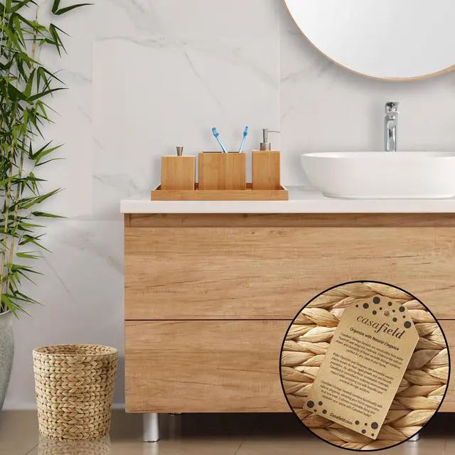 Alt view image 2 of 6 - Casafield Water Hyacinth Waste Basket - Natural, Woven Trash Can for Bathroom, Bedroom, Laundry Room, Home Office