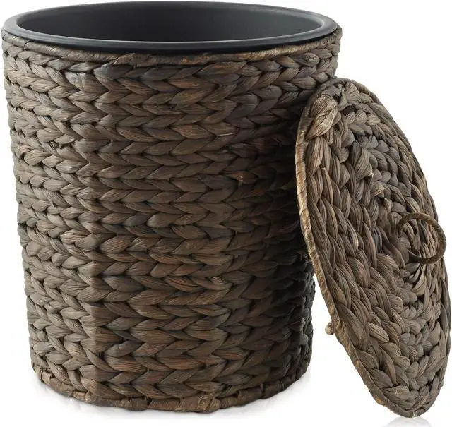 Main image of Casafield Water Hyacinth Trash Can with Lid and Liner - Espresso, Woven Waste Basket for Bathroom, Bedroom, Laundry Room, Home Office