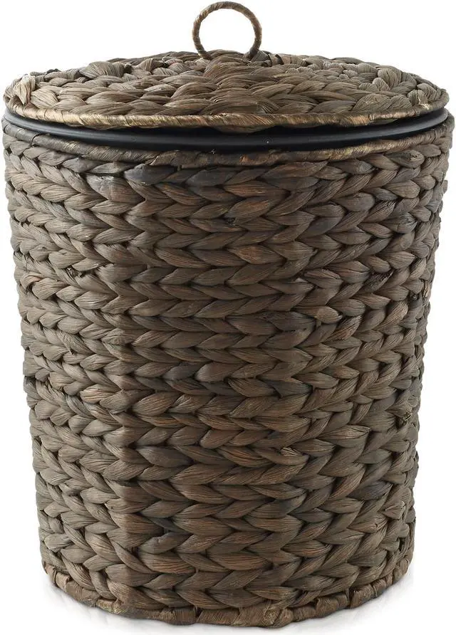 Alt view image 2 of 6 - Casafield Water Hyacinth Trash Can with Lid and Liner - Espresso, Woven Waste Basket for Bathroom, Bedroom, Laundry Room, Home Office