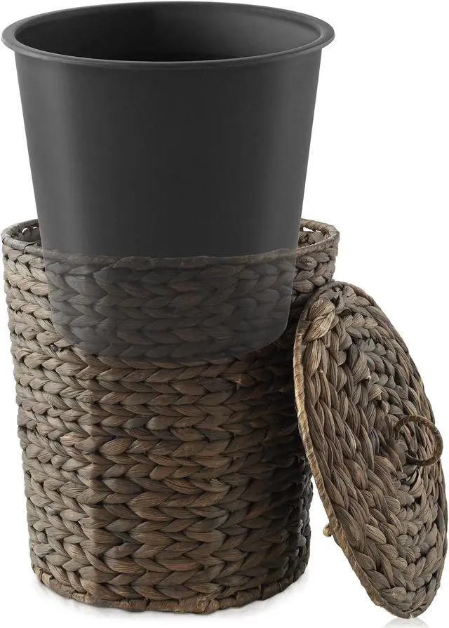 Alt view image 3 of 6 - Casafield Water Hyacinth Trash Can with Lid and Liner - Espresso, Woven Waste Basket for Bathroom, Bedroom, Laundry Room, Home Office