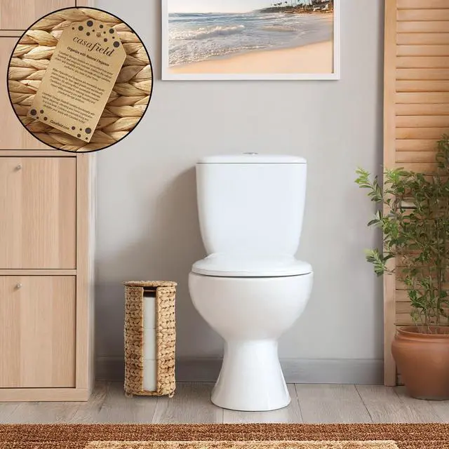 Alt view image 2 of 6 - Casafield Free Standing Toilet Paper Storage Roll Holder with Lid - Natural, Fits 3 Rolls, Water Hyacinth Bath Tissue Organizer for Bathroom