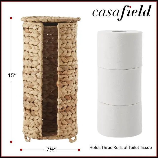 Alt view image 3 of 6 - Casafield Free Standing Toilet Paper Storage Roll Holder with Lid - Natural, Fits 3 Rolls, Water Hyacinth Bath Tissue Organizer for Bathroom