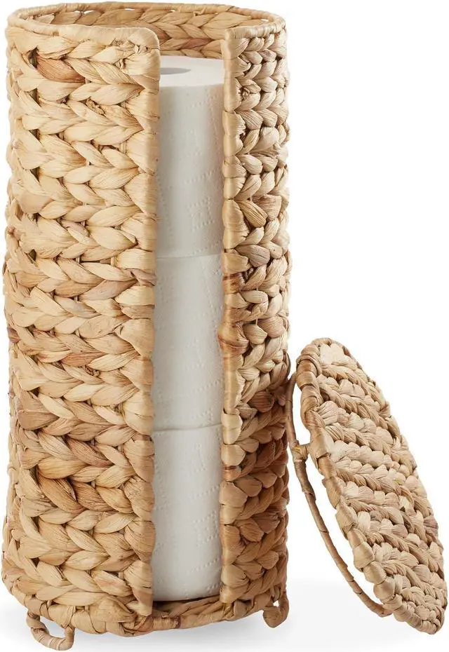 Alt view image 6 of 6 - Casafield Free Standing Toilet Paper Storage Roll Holder with Lid - Natural, Fits 3 Rolls, Water Hyacinth Bath Tissue Organizer for Bathroom