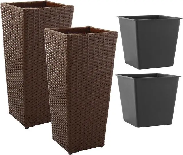 Alt view image 5 of 6 - Casafield Set of 2 All-Weather Outdoor Planters with Liners, Tall Tapered Plant Boxes with Flower Pots for Front Porch, Patio, Garden - Espresso