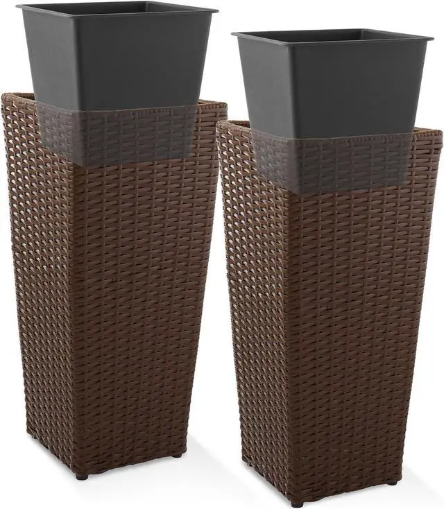 Alt view image 6 of 6 - Casafield Set of 2 All-Weather Outdoor Planters with Liners, Tall Tapered Plant Boxes with Flower Pots for Front Porch, Patio, Garden - Espresso