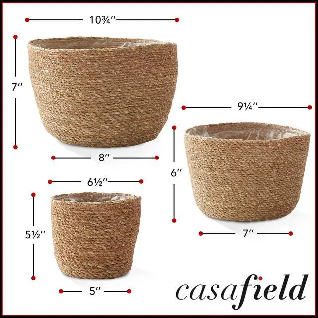Alt view image 6 of 6 - Casafield Set of 3 Seagrass Planter Baskets with Liners - Natural, Hand Woven Indoor Flower Pot Covers for Plants, Succulents, Home Decor