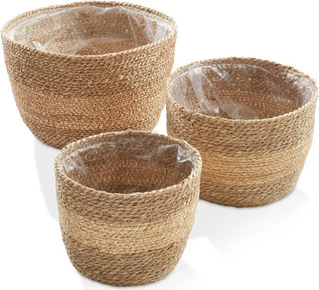 Main image of Casafield Set of 3 Seagrass Planter Baskets with Liners - Two-Tone, Hand Woven Indoor Flower Pot Covers for Plants, Succulents, Home Decor
