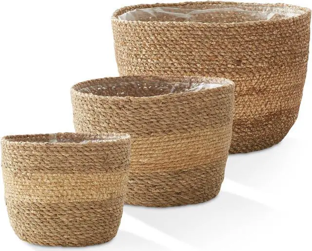 Alt view image 3 of 6 - Casafield Set of 3 Seagrass Planter Baskets with Liners - Two-Tone, Hand Woven Indoor Flower Pot Covers for Plants, Succulents, Home Decor