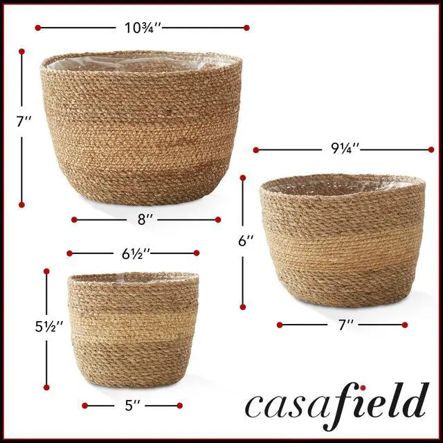 Alt view image 6 of 6 - Casafield Set of 3 Seagrass Planter Baskets with Liners - Two-Tone, Hand Woven Indoor Flower Pot Covers for Plants, Succulents, Home Decor