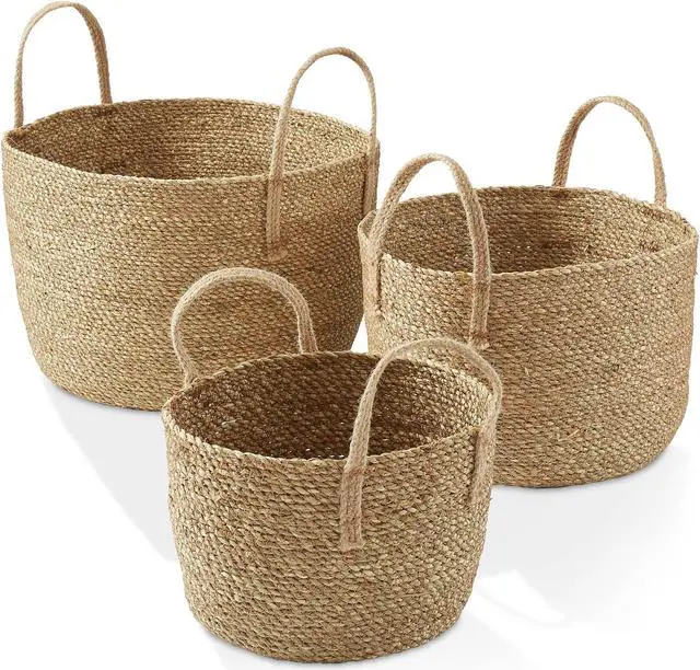 Main image of Casafield Set of 3 Braided Seagrass Baskets with Jute Handles - Natural, Woven Storage Basket Planters, Boho Decor for Entryway, Living Room, Bedroom