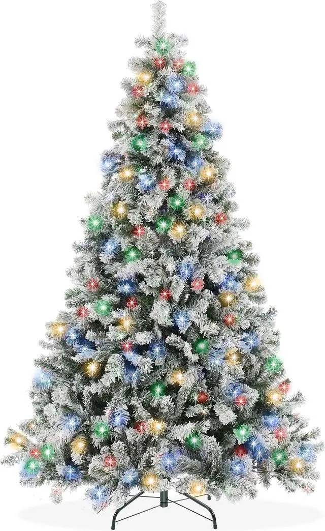 Main image of Casafield 7.5FT Realistic Snow-Flocked Pine with White and Multicolor LED Lights, 9 Light Sequence Artificial Holiday Christmas Tree with Sturdy Metal Stand