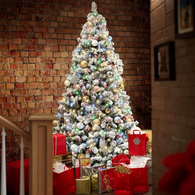 Alt view image 2 of 6 - Casafield 7.5FT Realistic Snow-Flocked Pine with White and Multicolor LED Lights, 9 Light Sequence Artificial Holiday Christmas Tree with Sturdy Metal Stand