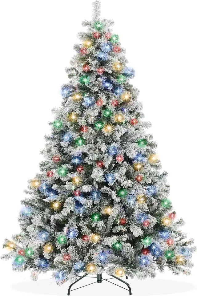 Main image of Casafield 6FT Realistic Snow-Flocked Pine with White and Multicolor LED Lights, 9 Light Sequence Artificial Holiday Christmas Tree with Sturdy Metal Stand