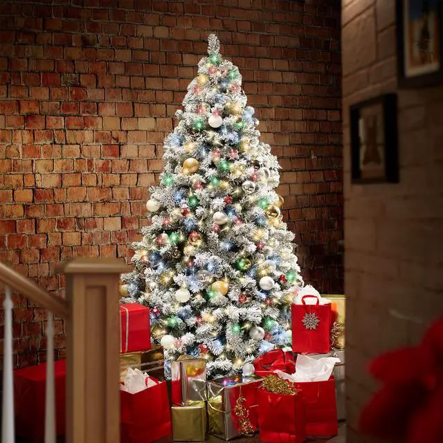 Alt view image 2 of 6 - Casafield 6FT Realistic Snow-Flocked Pine with White and Multicolor LED Lights, 9 Light Sequence Artificial Holiday Christmas Tree with Sturdy Metal Stand
