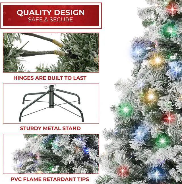 Alt view image 5 of 6 - Casafield 6FT Realistic Snow-Flocked Pine with White and Multicolor LED Lights, 9 Light Sequence Artificial Holiday Christmas Tree with Sturdy Metal Stand