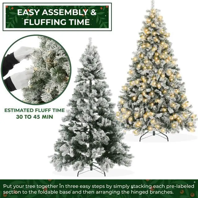 Alt view image 4 of 6 - Casafield 6FT Realistic Snow-Flocked Pine with White and Multicolor LED Lights, 9 Light Sequence Artificial Holiday Christmas Tree with Sturdy Metal Stand
