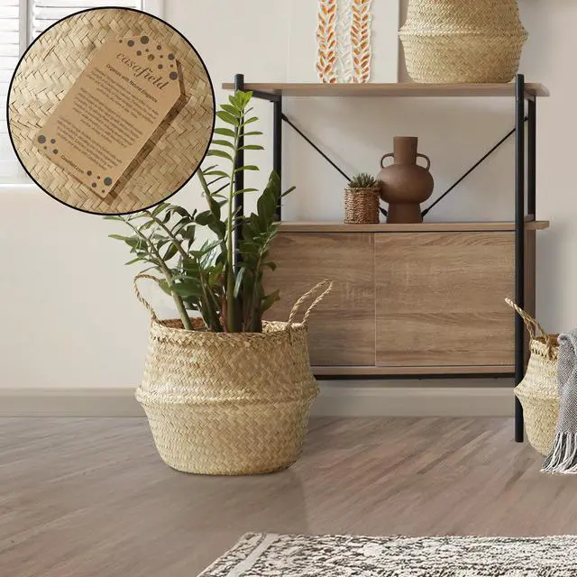 Alt view image 2 of 6 - Casafield Seagrass Belly Storage Basket Planter with Handles - Large, Natural Woven Wicker Indoor Plant Pot Cover for Plants and Trees