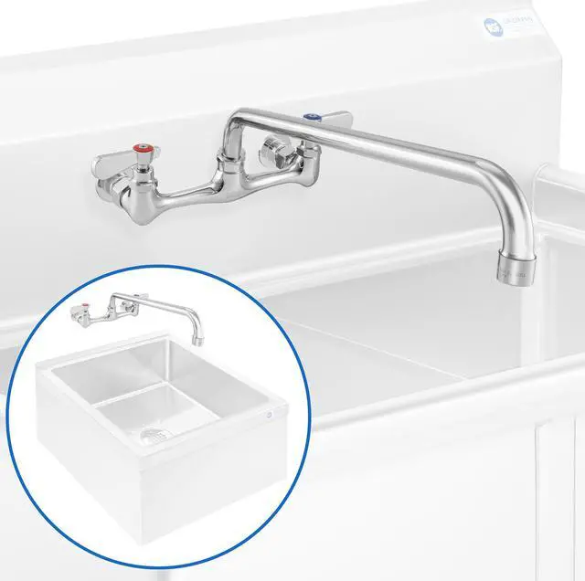 Alt view image 4 of 6 - GRIDMANN Commercial Sink Faucet, 8" Center Wall Mount No Lead Faucet, 16" Swivel Spout, Dual Lever Handles, Brass Construction, Chrome Polished Finish