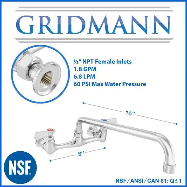Alt view image 5 of 6 - GRIDMANN Commercial Sink Faucet, 8" Center Wall Mount No Lead Faucet, 16" Swivel Spout, Dual Lever Handles, Brass Construction, Chrome Polished Finish