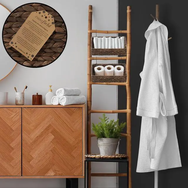 Alt view image 2 of 6 - Casafield Set of 2 Hanging Baskets with Hooks - Espresso, Hyacinth Woven Wall Mounted Storage Bins for Kitchen, Bathroom, Laundry Room, Home Office