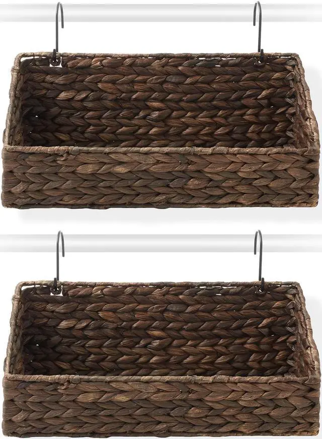 Alt view image 4 of 6 - Casafield Set of 2 Hanging Baskets with Hooks - Espresso, Hyacinth Woven Wall Mounted Storage Bins for Kitchen, Bathroom, Laundry Room, Home Office