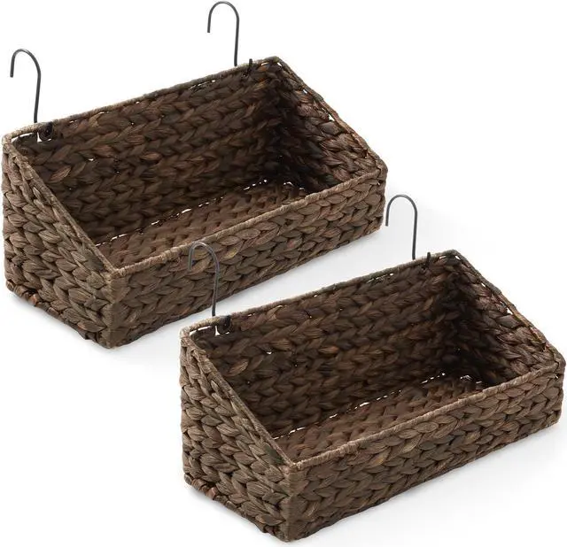 Main image of Casafield Set of 2 Hanging Baskets with Hooks - Espresso, Hyacinth Woven Wall Mounted Storage Bins for Kitchen, Bathroom, Laundry Room, Home Office