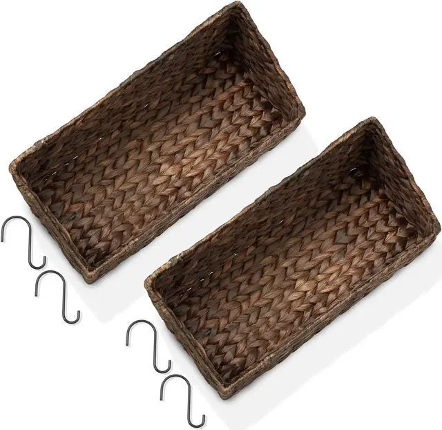 Alt view image 6 of 6 - Casafield Set of 2 Hanging Baskets with Hooks - Espresso, Hyacinth Woven Wall Mounted Storage Bins for Kitchen, Bathroom, Laundry Room, Home Office