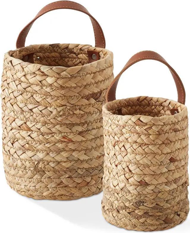 Main image of Casafield Set of 2 Water Hyacinth Wall Hanging Baskets with Handles (Small and Large) - Natural, Woven Boho Plant and Flower Storage Pots