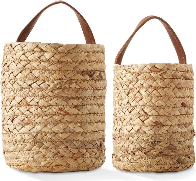 Alt view image 5 of 6 - Casafield Set of 2 Water Hyacinth Wall Hanging Baskets with Handles (Small and Large) - Natural, Woven Boho Plant and Flower Storage Pots