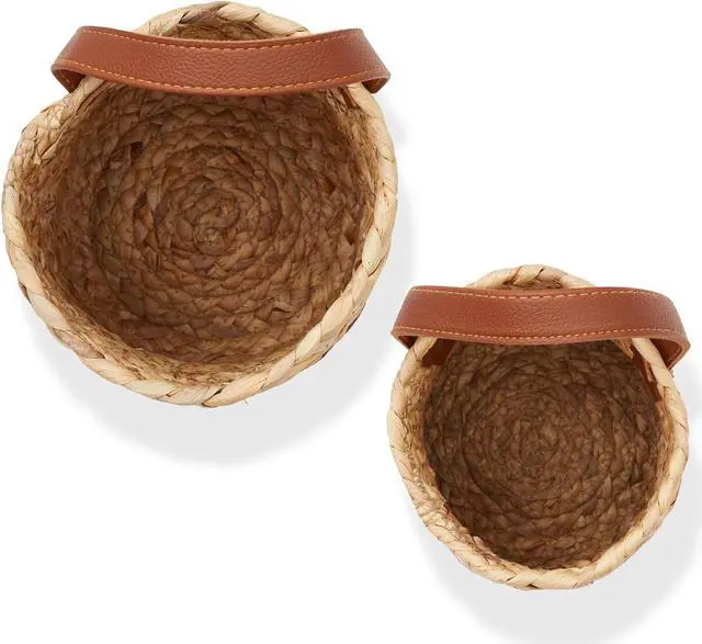 Alt view image 6 of 6 - Casafield Set of 2 Water Hyacinth Wall Hanging Baskets with Handles (Small and Large) - Natural, Woven Boho Plant and Flower Storage Pots