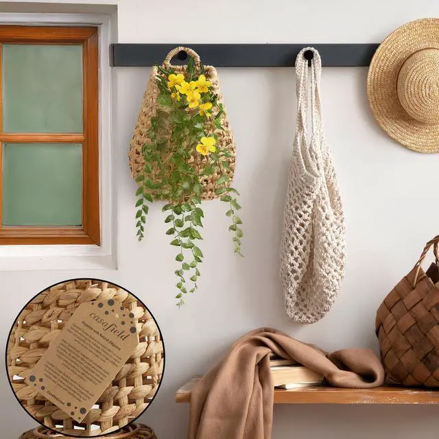 Alt view image 2 of 6 - Casafield Open Weave Wall Hanging Basket for Plants and Flowers - Natural, Water Hyacinth Decorative Boho Accent for Front Door and Entryway