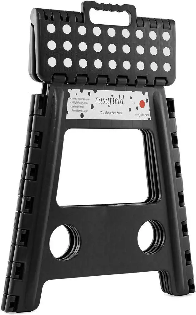 Alt view image 2 of 6 - Casafield 16" Folding Step Stool with Handle (Set of 2), Black - Portable Collapsible Small Plastic Foot Stool for Adults - Use in the Kitchen, Bathroom and Bedroom