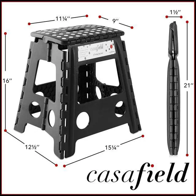 Alt view image 3 of 6 - Casafield 16" Folding Step Stool with Handle (Set of 2), Black - Portable Collapsible Small Plastic Foot Stool for Adults - Use in the Kitchen, Bathroom and Bedroom