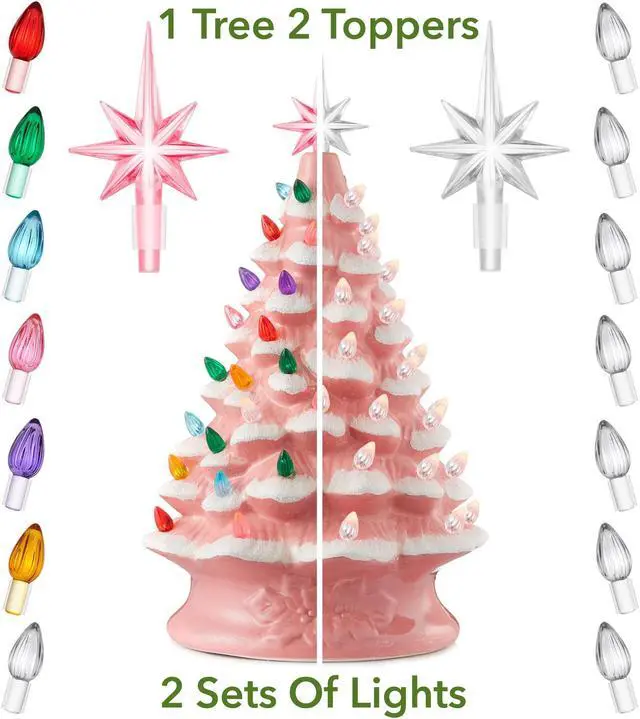Alt view image 2 of 6 - Casafield Hand Painted Ceramic Christmas Tree, Pink Snow Flocked 15-Inch Pre-Lit Tree with 128 Multi Color Lights and 2 Star Toppers