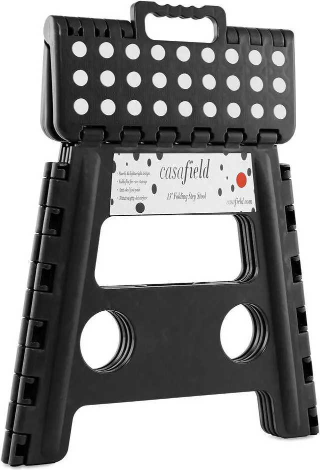Alt view image 2 of 6 - Casafield 13" Folding Step Stool with Handle, Black - Portable Collapsible Small Plastic Foot Stool for Adults - Use in the Kitchen, Bathroom and Bedroom