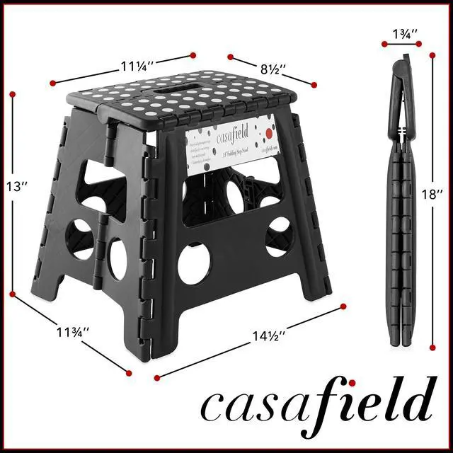 Alt view image 3 of 6 - Casafield 13" Folding Step Stool with Handle, Black - Portable Collapsible Small Plastic Foot Stool for Adults - Use in the Kitchen, Bathroom and Bedroom