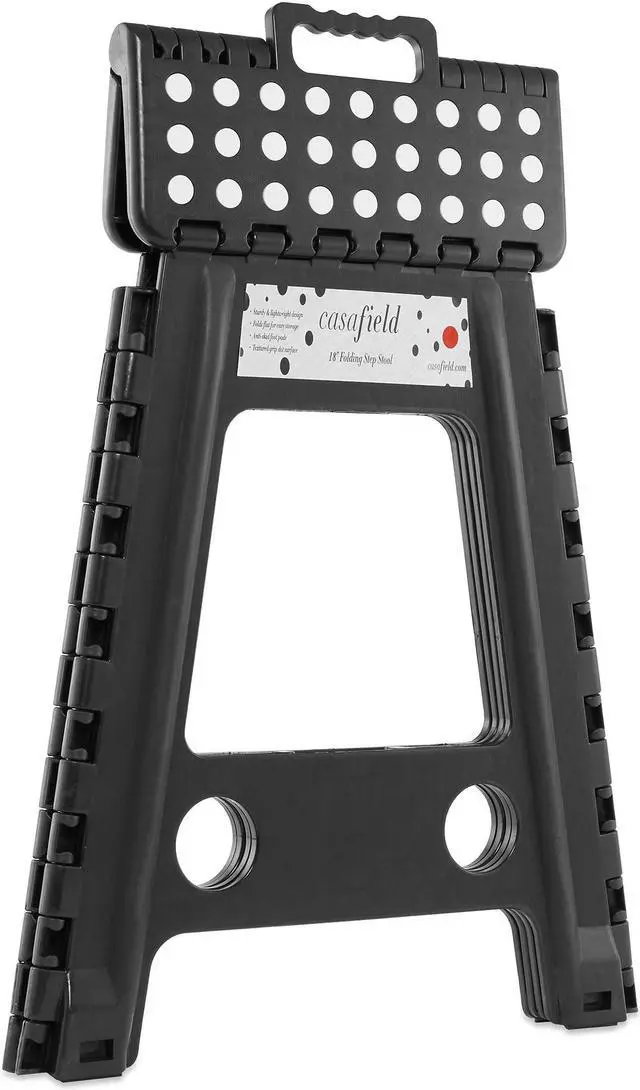 Alt view image 2 of 6 - Casafield 18" Folding Step Stool with Handle, Black - Portable Collapsible Small Plastic Foot Stool for Adults - Use in the Kitchen, Bathroom and Bedroom