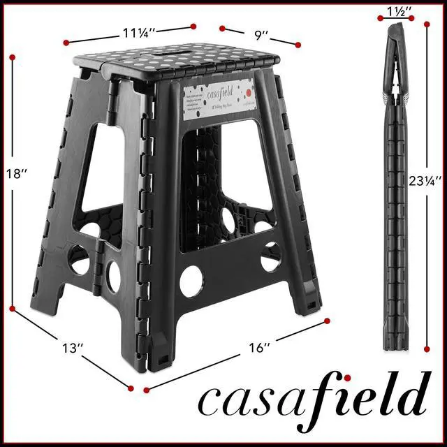 Alt view image 3 of 6 - Casafield 18" Folding Step Stool with Handle, Black - Portable Collapsible Small Plastic Foot Stool for Adults - Use in the Kitchen, Bathroom and Bedroom