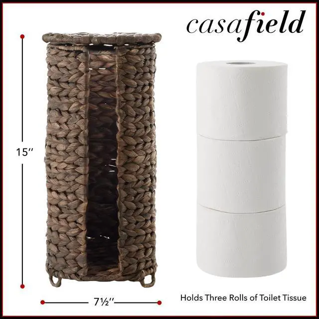 Alt view image 3 of 6 - Casafield Free Standing Toilet Paper Storage Roll Holder with Lid - Espresso, Fits 3 Rolls, Water Hyacinth Bath Tissue Organizer for Bathroom