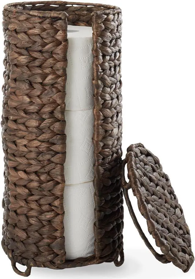 Alt view image 6 of 6 - Casafield Free Standing Toilet Paper Storage Roll Holder with Lid - Espresso, Fits 3 Rolls, Water Hyacinth Bath Tissue Organizer for Bathroom