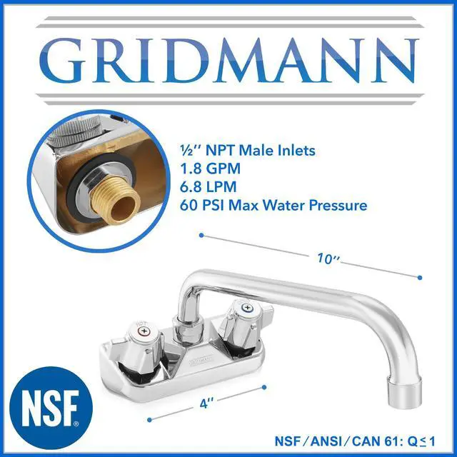 Alt view image 5 of 6 - GRIDMANN Commercial Bar Sink Faucet, 4" Center No Lead Faucet with 10" Swing Spout, Brass Construction, Knob Handles, Polished Finish