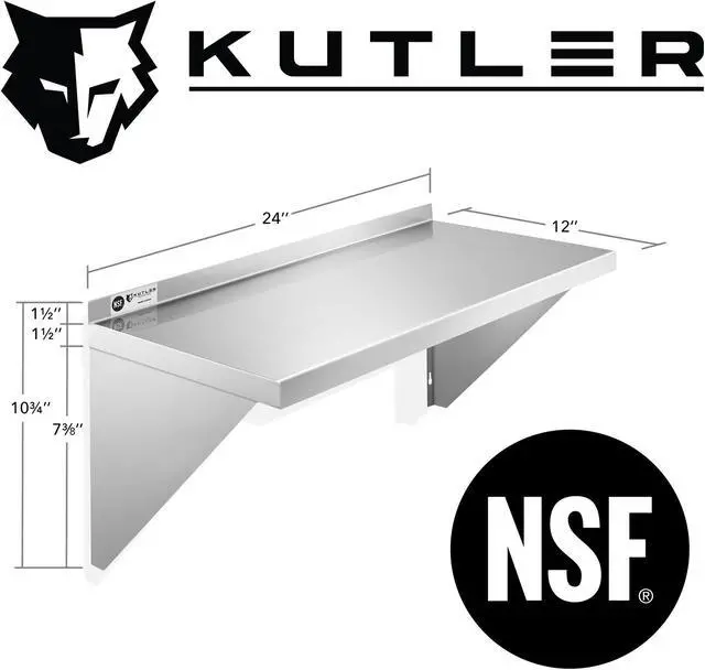 Alt view image 2 of 6 - KUTLER Stainless Steel Shelf - 12" x 24", NSF Commercial Wall Mount Shelves with Backsplash, Floating Metal Shelving for Restaurant, Kitchen, Home