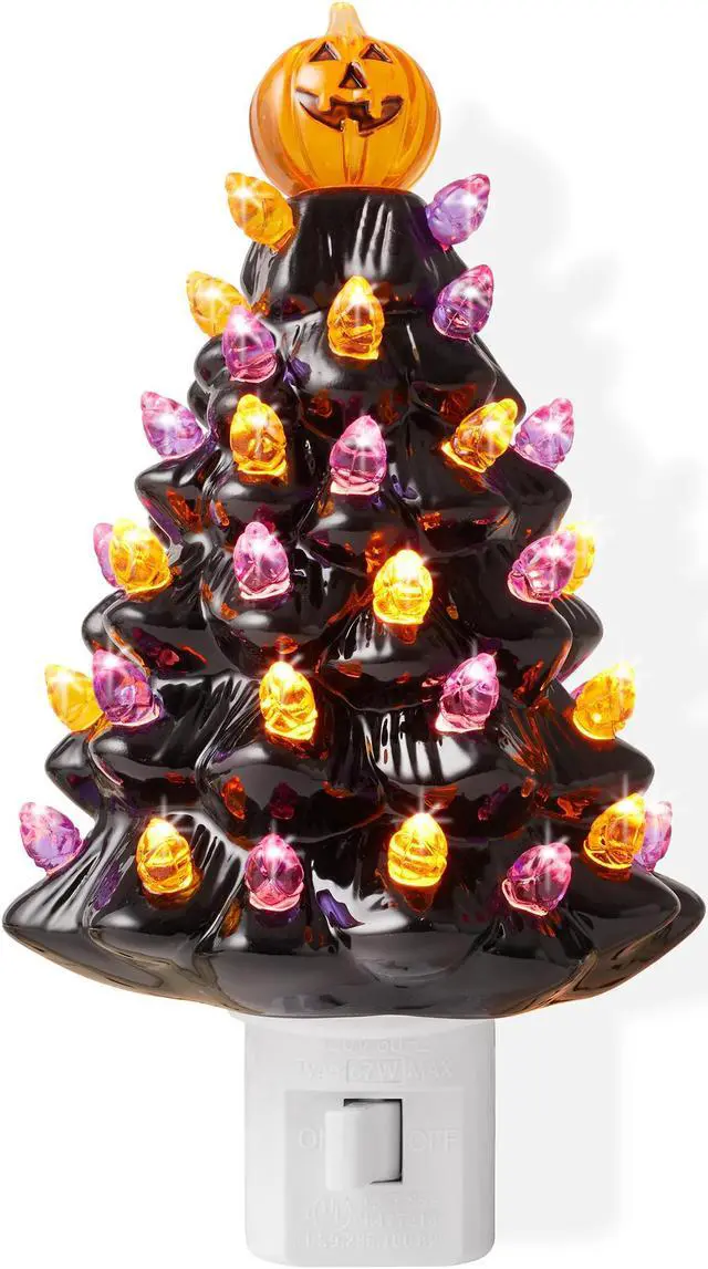 Alt view image 7 of 7 - Casafield Ceramic Halloween Tree Night Light - Black Plug-in Vintage Halloween Decorative Night Light with 28 Bulbs and Star Topper